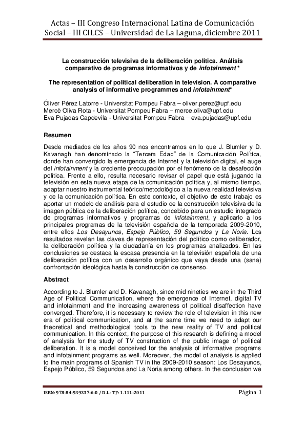 First page of “La construcción televisiva de la deliberación política”