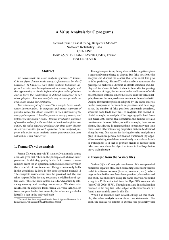 First page of “A Value Analysis for C Programs”