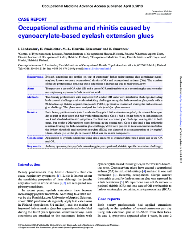 First page of “Occupational asthma and rhinitis caused by cyanoacrylate-based eyelash extension glues”