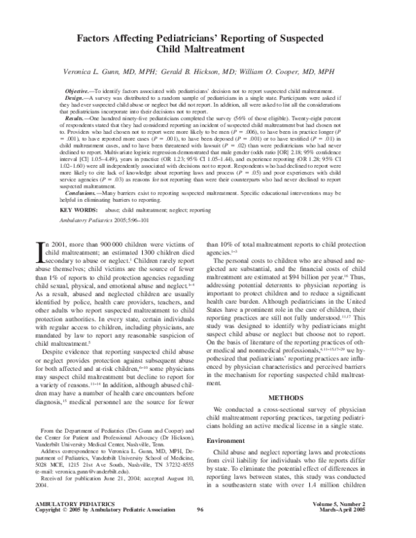 First page of “Factors Affecting Pediatricians' Reporting of Suspected Child Maltreatment”