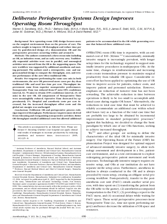 First page of “Deliberate Perioperative Systems Design Improves Operating Room Throughput”