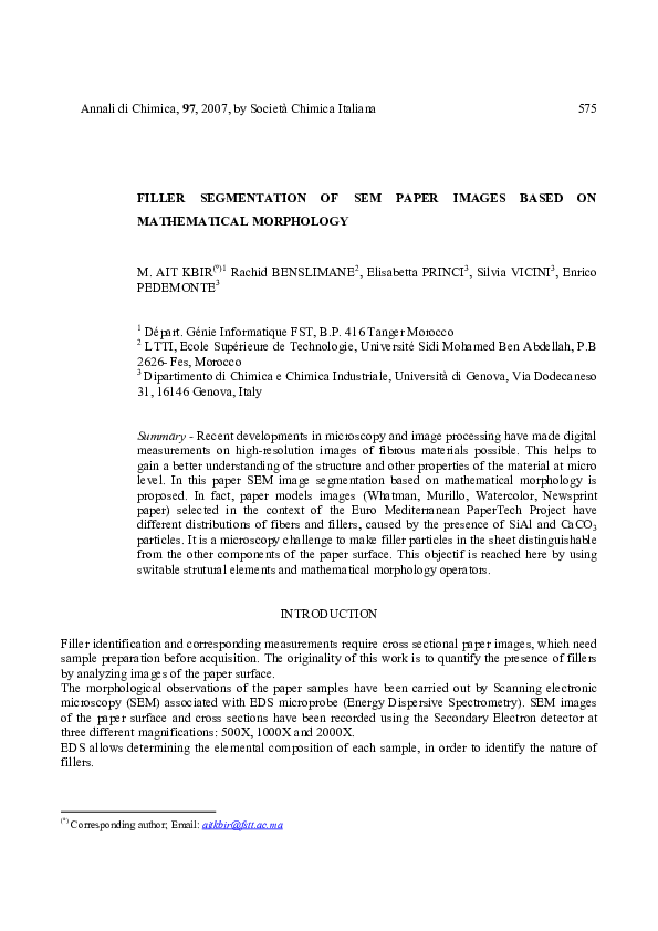 First page of “Filler Segmentation of Sem Paper Images Based on Mathematical Morphology”