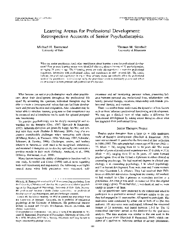 First page of “Learning arenas for professional development: Retrospective accounts of senior psychotherapists”