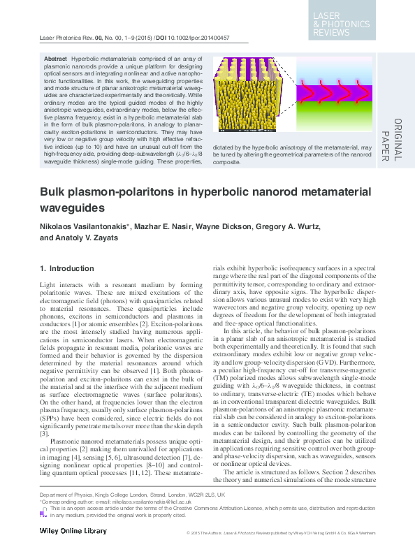 First page of “Bulk plasmon-polaritons in hyperbolic nanorod metamaterial waveguides”