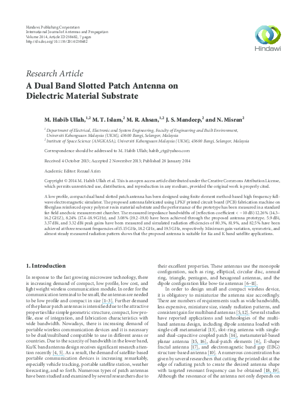 First page of “A Dual Band Slotted Patch Antenna on Dielectric Material Substrate”