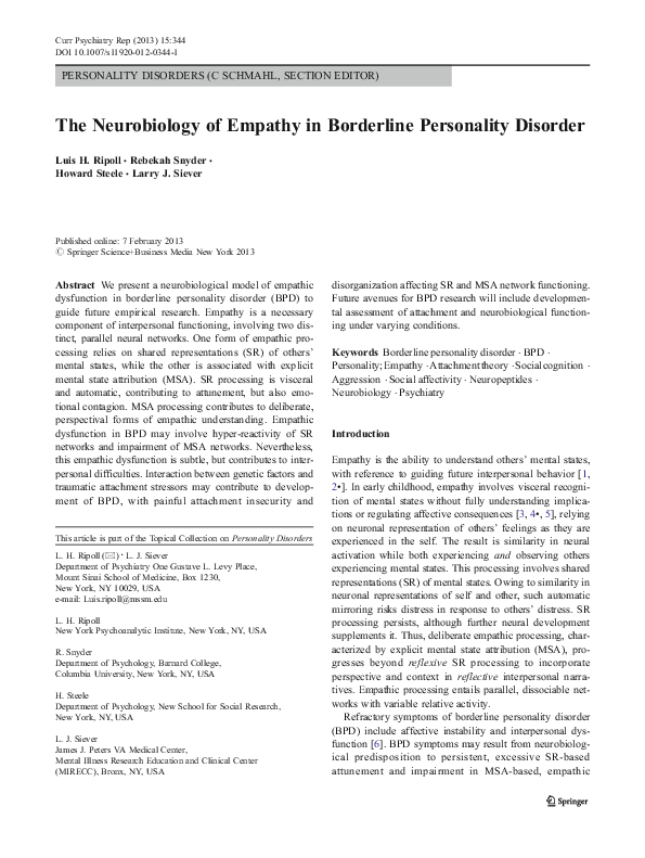 First page of “The Neurobiology of Empathy in Borderline Personality Disorder”