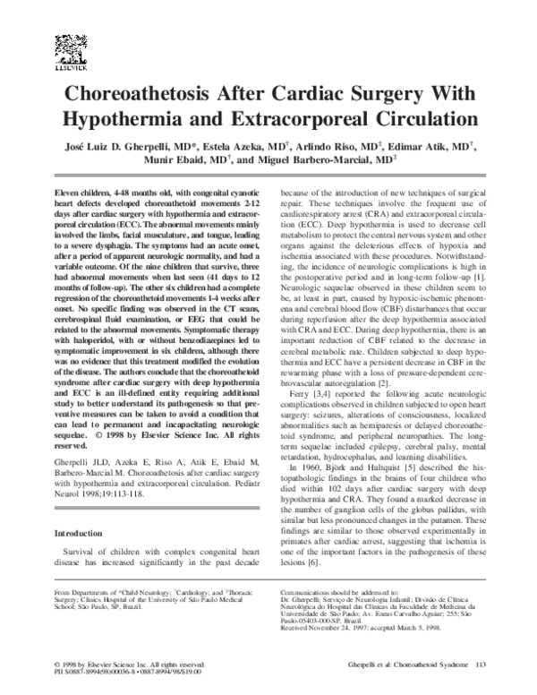 First page of “Choreoathetosis after cardiac surgery with hypothermia and extracorporeal circulation”