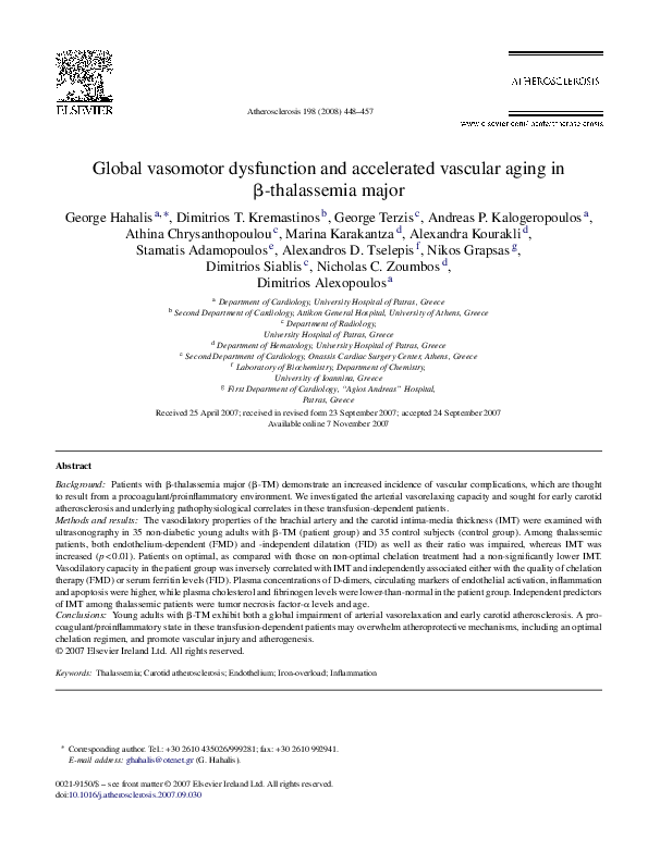 First page of “Global vasomotor dysfunction and accelerated vascular aging in β-thalassemia major”