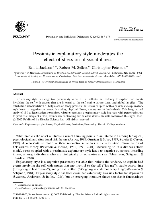 First page of “Pessimistic explanatory style moderates the effect of stress on physical illness”