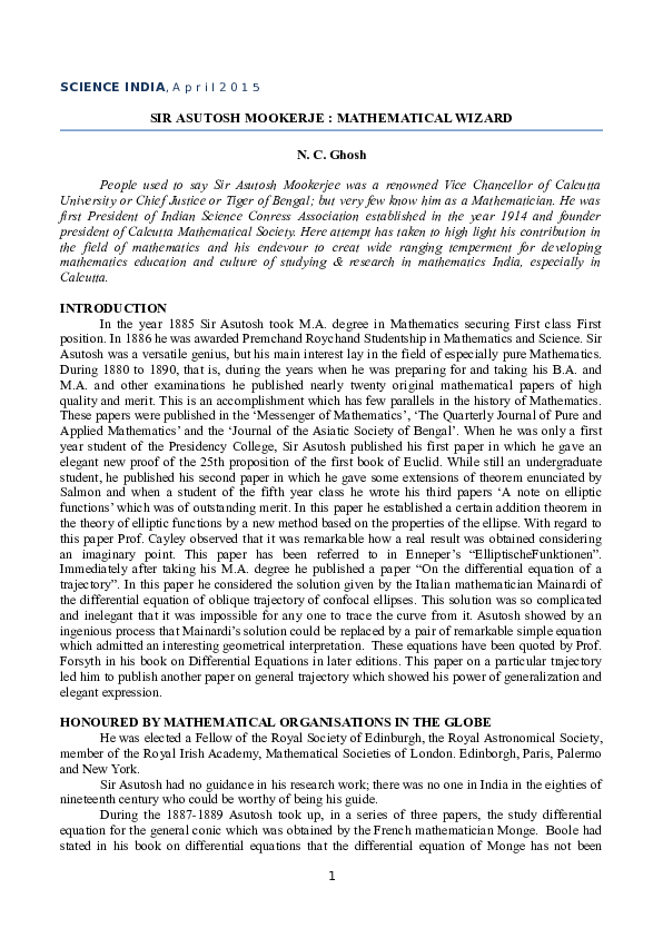 First page of “SIR ASUTOSH MOOKERJE : MATHEMATICAL WIZARD”