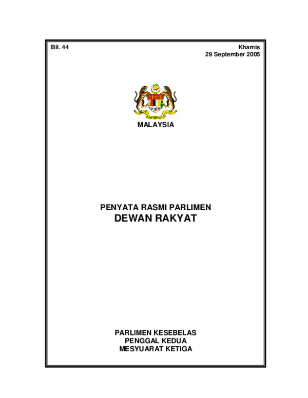 First page of “Hansard of Malaysia's Parliament (Lower House) on 2005.09.29”