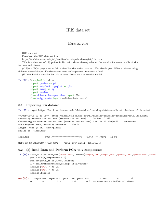 First page of “IRIS data set (Multivariate Gaussian Classifier, PCA, Python)”