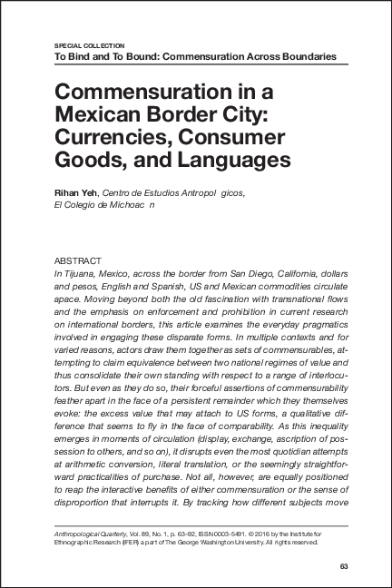 First page of “Commensuration in a Mexican Border City: Currencies, Consumer Goods, and Languages”