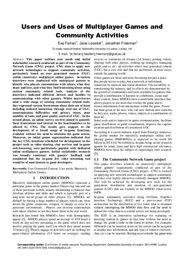 First page of “Users and uses of multiplayer games and community activities”