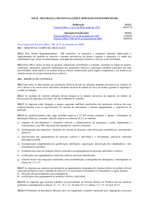 First page of “NR 10 -SEGURANÇA EM INSTALAÇÕES E SERVIÇOS EM ELETRICIDADE”