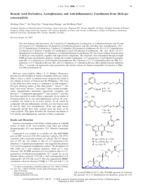 First page of “Benzoic Acid Derivatives, Acetophenones, and Anti-inflammatory Constituents from Melicope semecarpifolia”