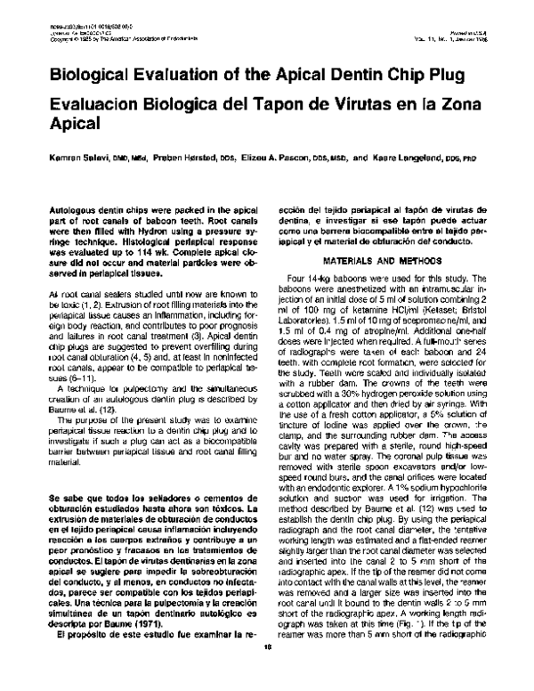 First page of “Biological evaluation of the apical dentin chip plug”