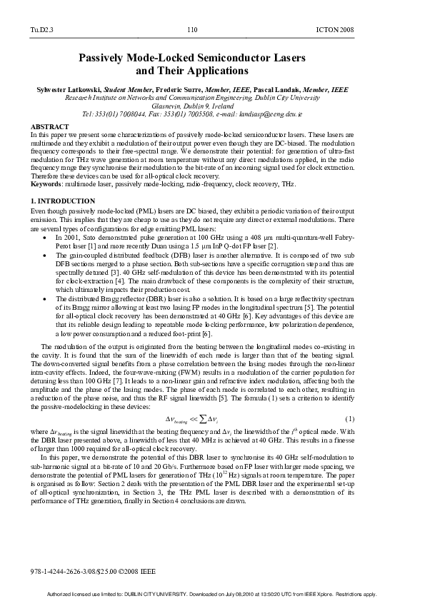 First page of “Passively mode-locked semiconductor lasers and their applications”