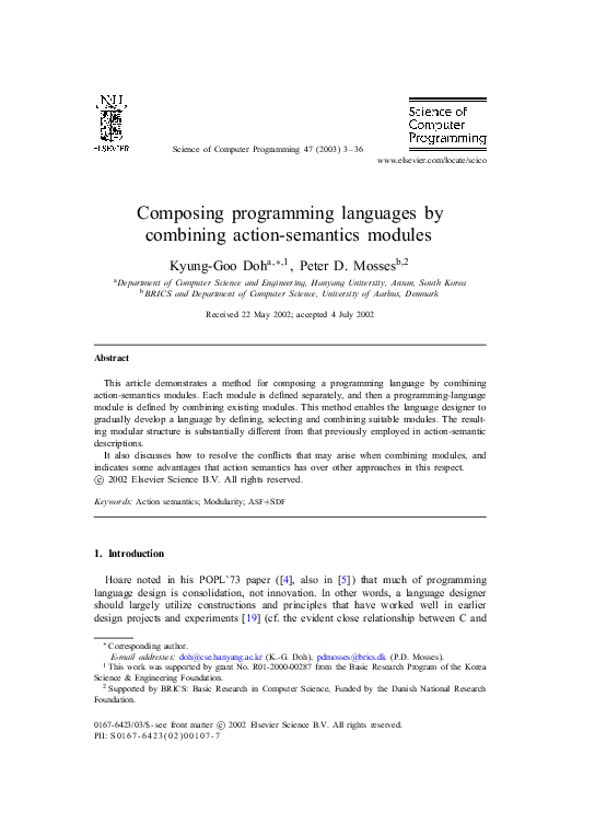 First page of “Composing Programming Languages by Combining Action-Semantics Modules”