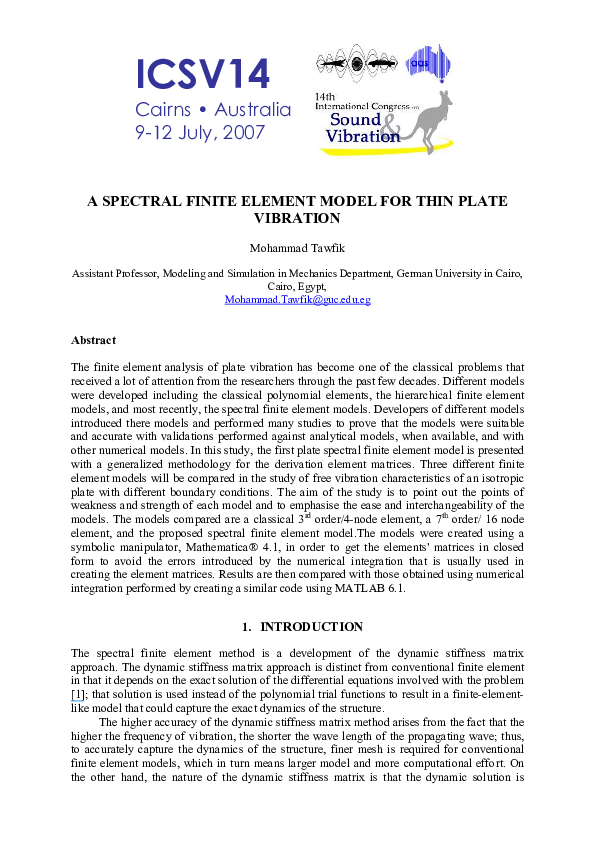 First page of “A Spectral Finite Element Model for Thin Plate Vibration”