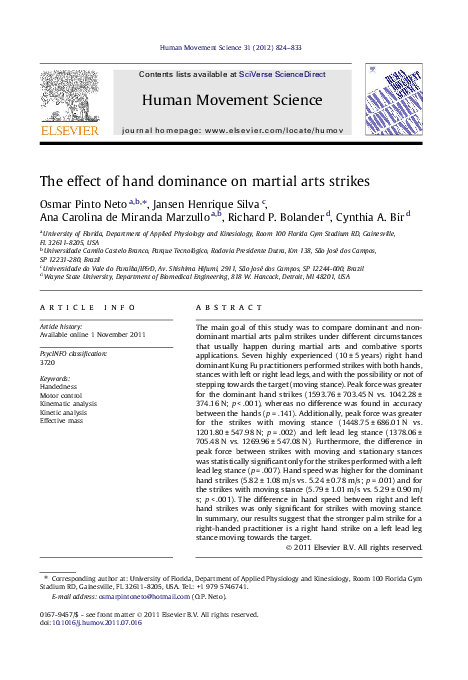 First page of “The effect of hand dominance on martial arts strikes”