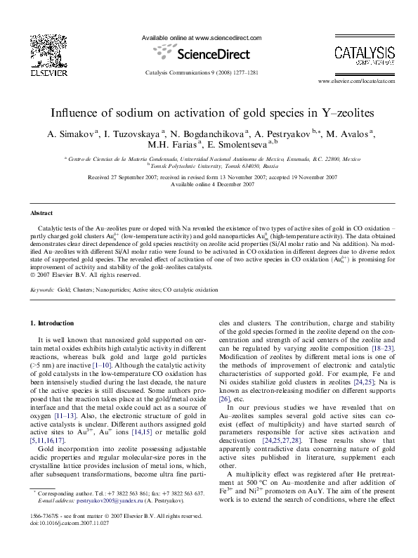 First page of “Influence of sodium on activation of gold species in Y–zeolites”