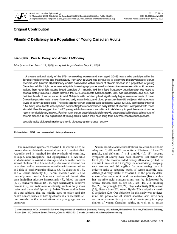 First page of “Vitamin C Deficiency in a Population of Young Canadian Adults”