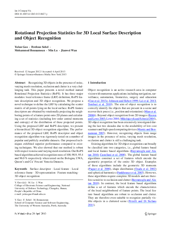 First page of “Rotational Projection Statistics for 3D Local Surface Description and Object Recognition”