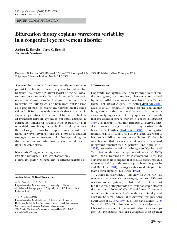 First page of “Bifurcation theory explains waveform variability in a congenital eye movement disorder”