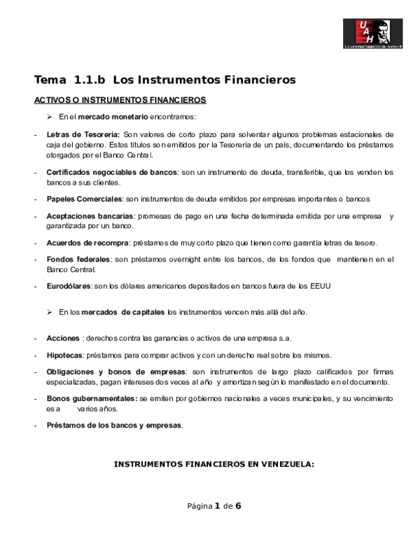 First page of “Los Instrumentos Financieros”