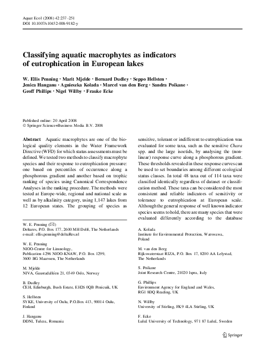 First page of “Classifying aquatic macrophytes as indicators of eutrophication in European lakes”