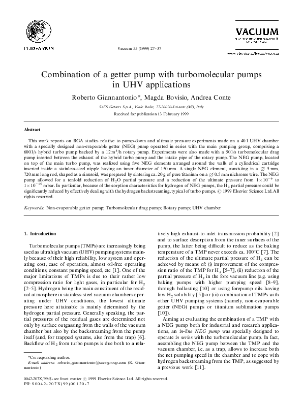 First page of “Combination of a getter pump with turbomolecular pumps in UHV applications”