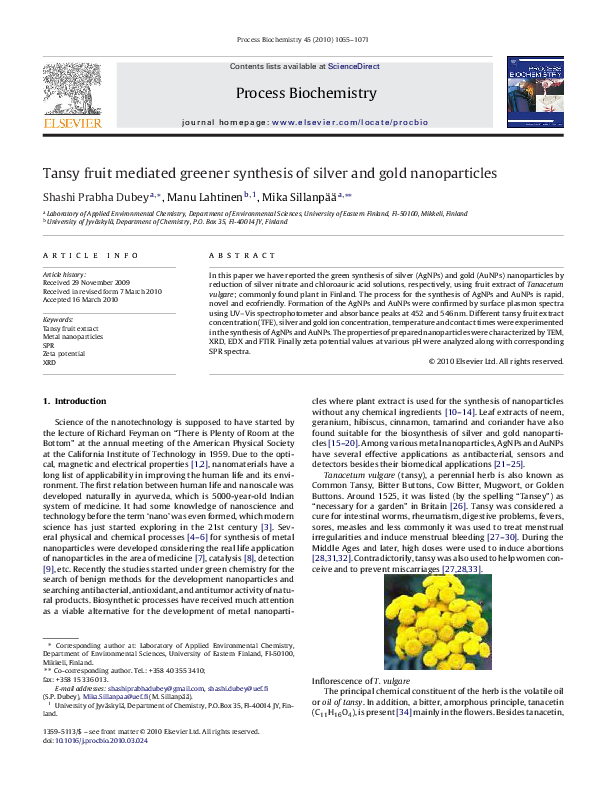 First page of “Tansy fruit mediated greener synthesis of silver and gold nanoparticles”