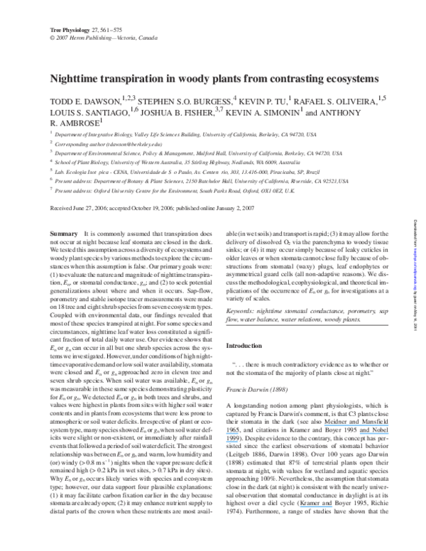 First page of “Nighttime transpiration in woody plants from contrasting ecosystems”