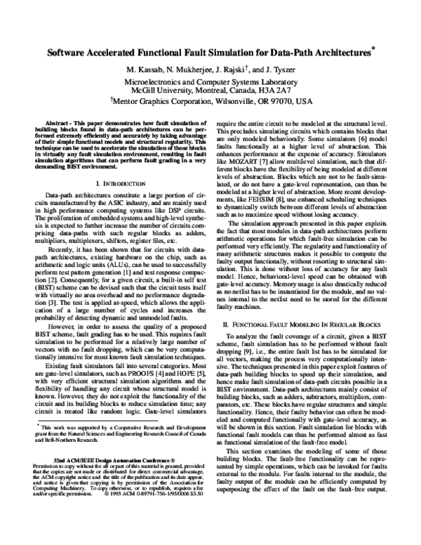 First page of “Software Accelerated Functional Fault Simulation for Data-Path Architectures”