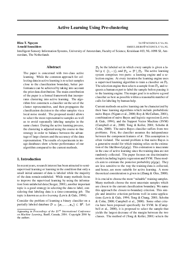 First page of “Active learning using pre-clustering”