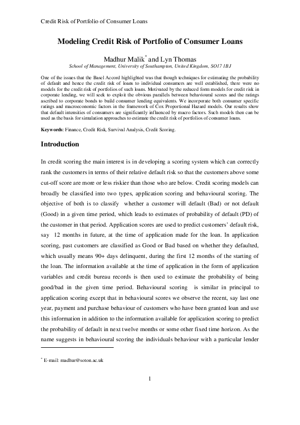 First page of “Modelling credit risk of portfolio of consumer loans”