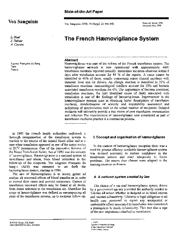 First page of “The French Haemovigilance System”