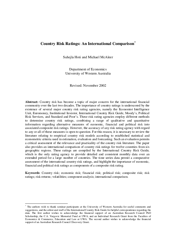 First page of “Country risk ratings: an international comparison”