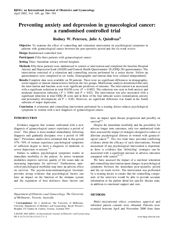 First page of “Preventing anxiety and depression in gynaecological cancer: a randomised controlled trial”