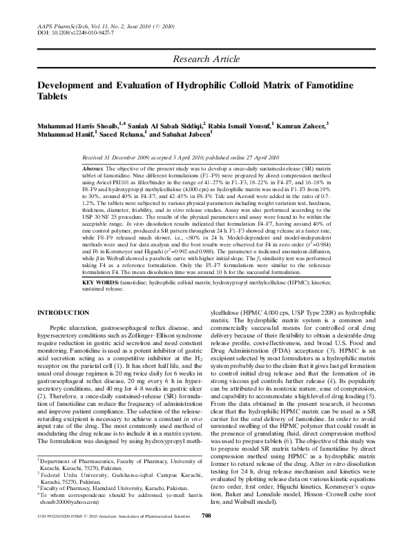 First page of “Development and Evaluation of Hydrophilic Colloid Matrix of Famotidine Tablets”