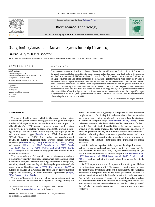 First page of “Using both xylanase and laccase enzymes for pulp bleaching”