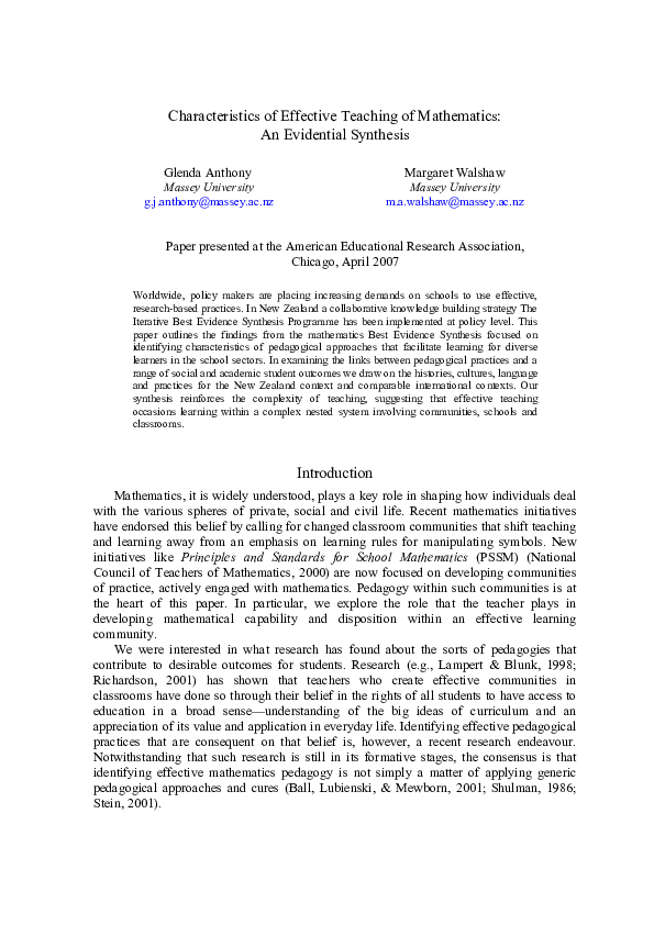 First page of “Characteristics of Effective Teaching of Mathematics: An Evidential Synthesis”