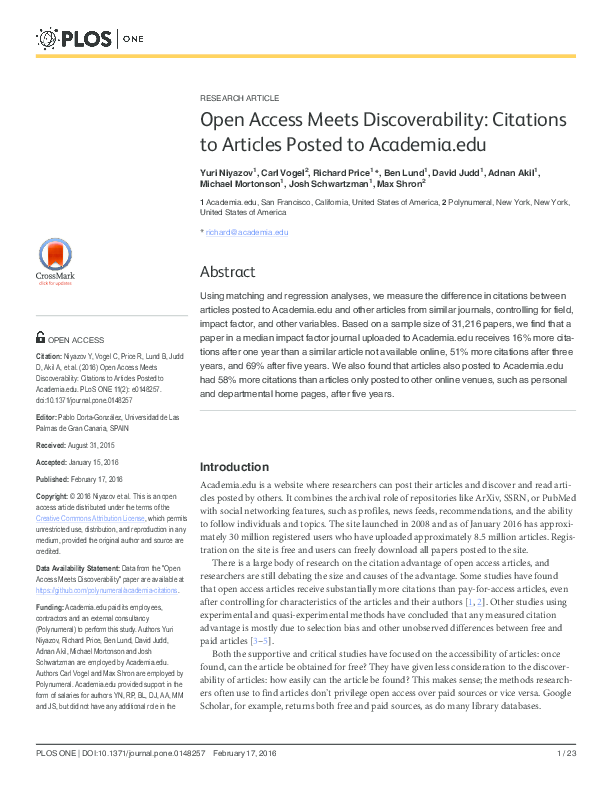 First page of “Open Access Meets Discoverability: Citations to Articles Posted to Academia.edu”