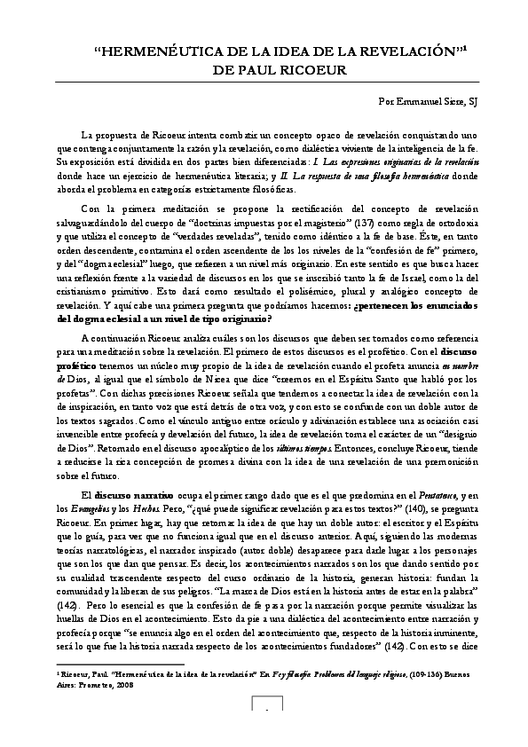 First page of “" HERMENÉUTICA DE LA IDEA DE LA REVELACIÓN " DE PAUL RICOEUR”