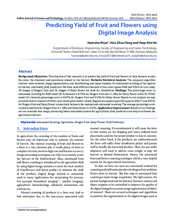 First page of “Predicting Yield of Fruit and Flowers using Digital Image Analysis”