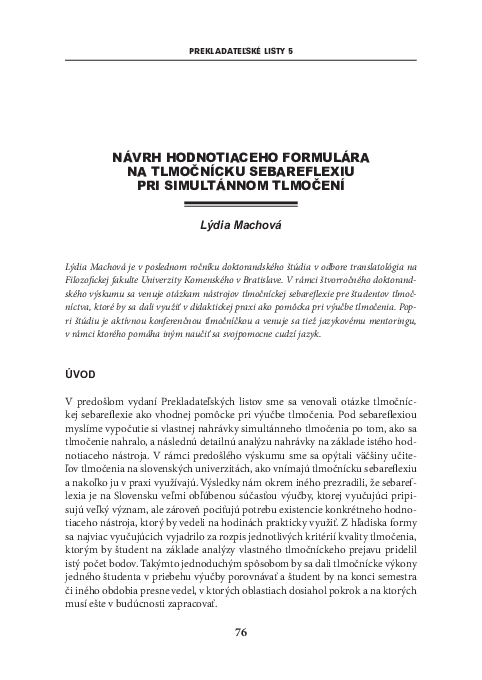 First page of “Návrh hodnotiaceho formulára na tlmočnícku sebareflexiu pri simultánnom tlmočení”