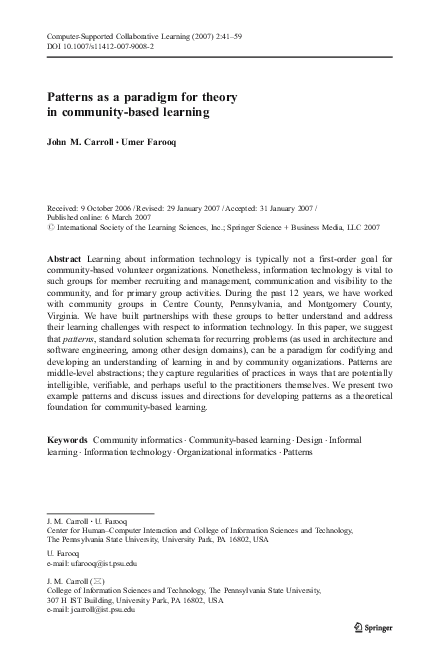 First page of “Patterns as a paradigm for theory in community-based learning”