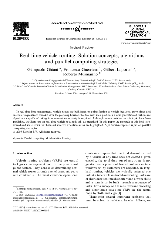 First page of “Real-time vehicle routing: Solution concepts, algorithms and parallel computing strategies”