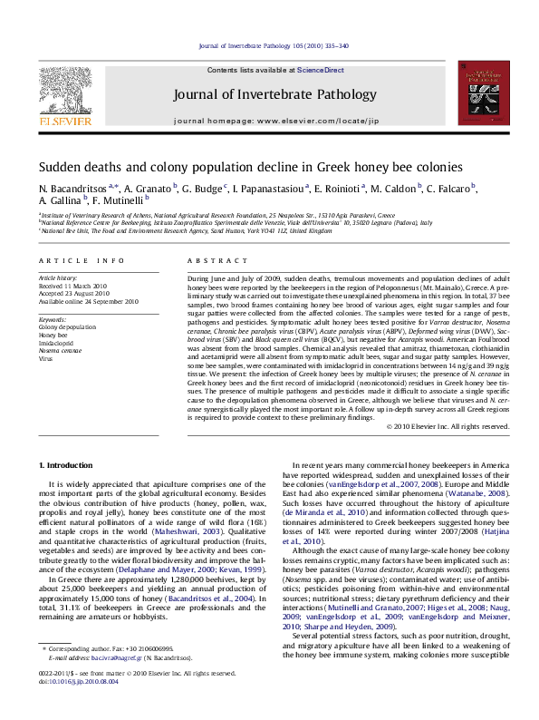 First page of “Sudden deaths and colony population decline in Greek honey bee colonies”